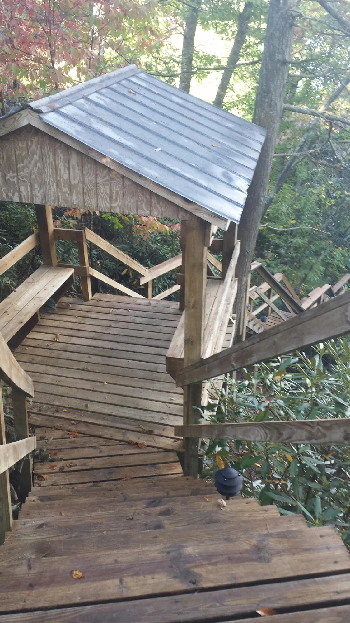 Metal roofed shelter over wooden steps on a wooded walkway — Skylight Repair & Installation work by our crew in Bryan